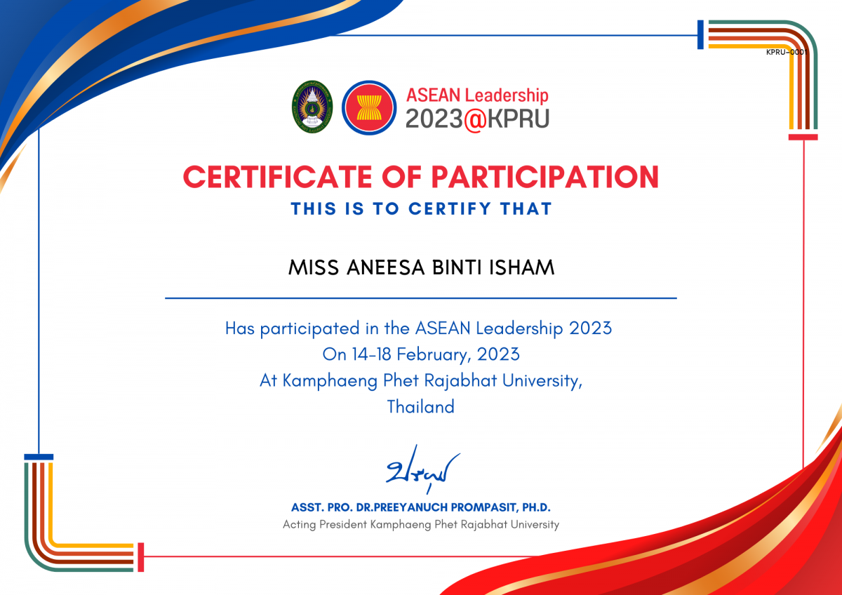 เกียรติบัตร ASEAN Leadership 2023 ของ MISS ANEESA BINTI ISHAM