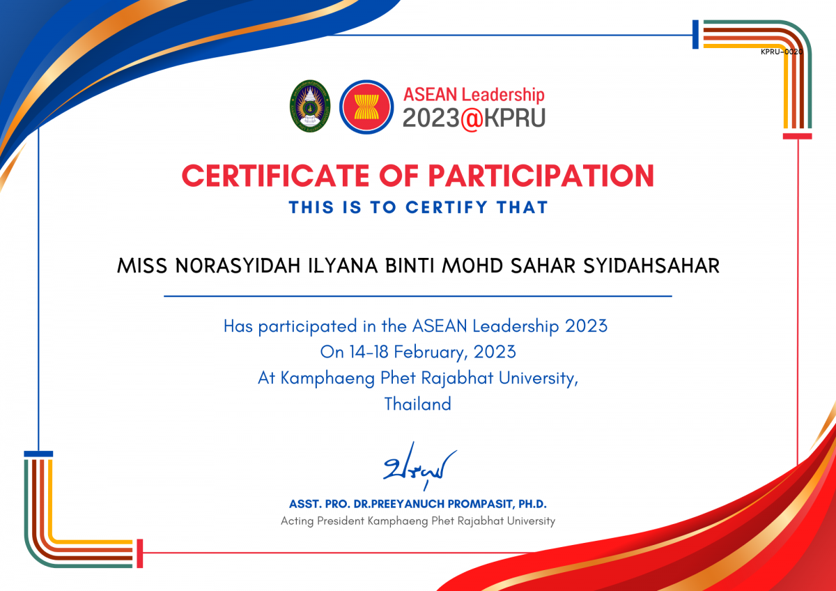เกียรติบัตร ASEAN Leadership 2023 ของ MISS NORASYIDAH ILYANA BINTI MOHD SAHAR SYIDAHSAHAR