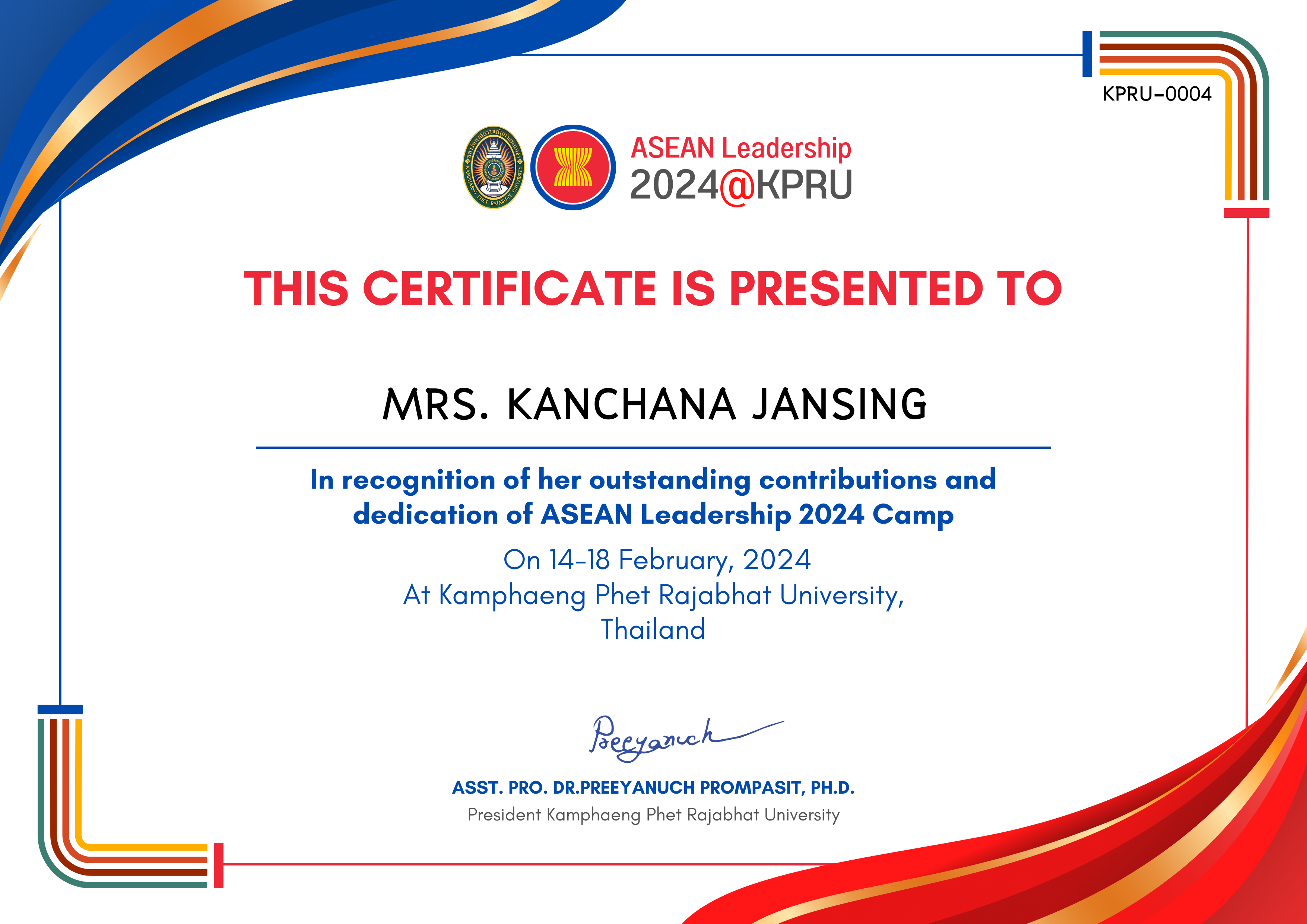 เกียรติบัตร ASEAN Leadership 2024 - Staff Female ของ MRS. KANCHANA JANSING