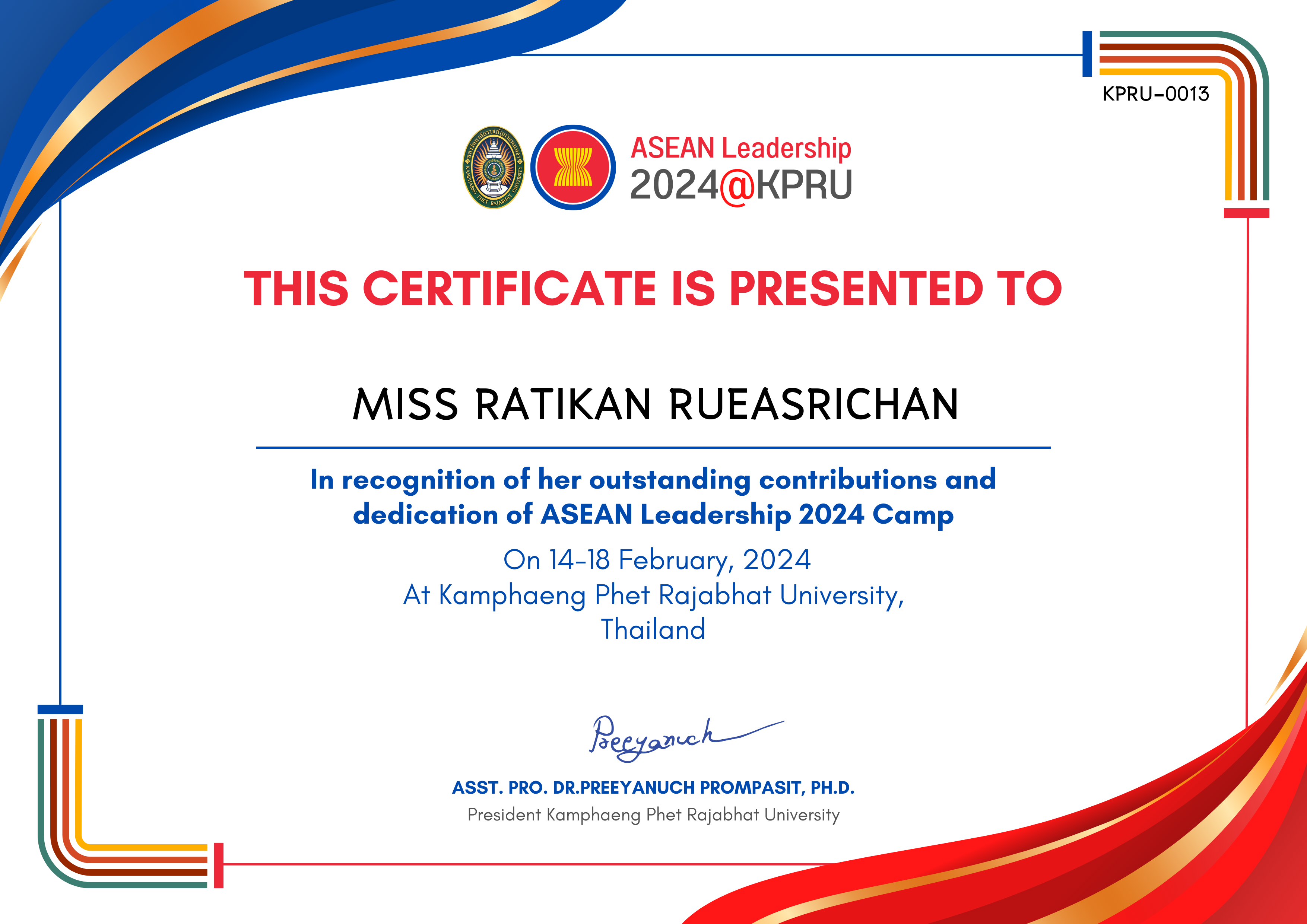 เกียรติบัตร ASEAN Leadership 2024 - Staff Female ของ MISS RATIKAN RUEASRICHAN