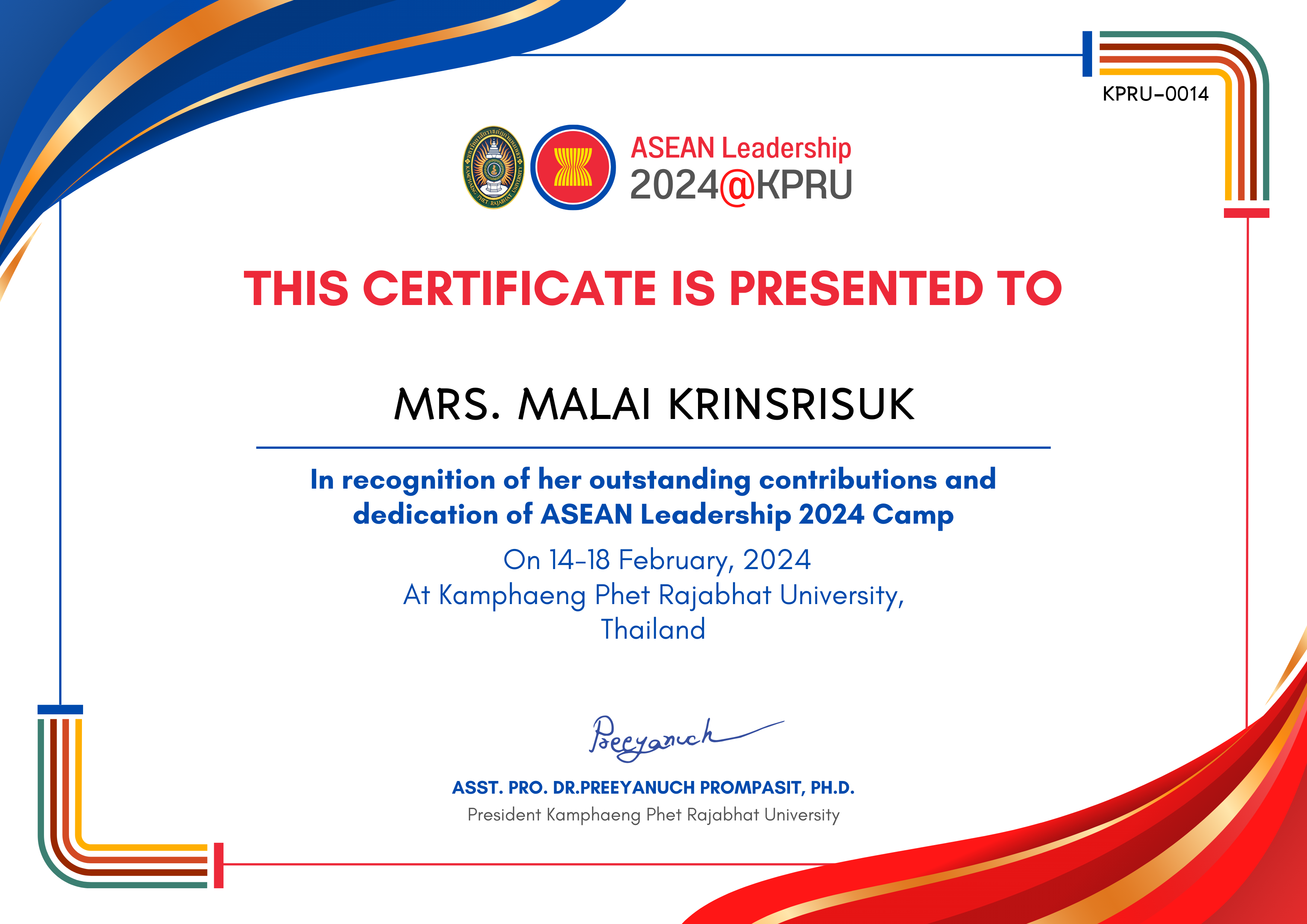 เกียรติบัตร ASEAN Leadership 2024 - Staff Female ของ MRS. MALAI KRINSRISUK
