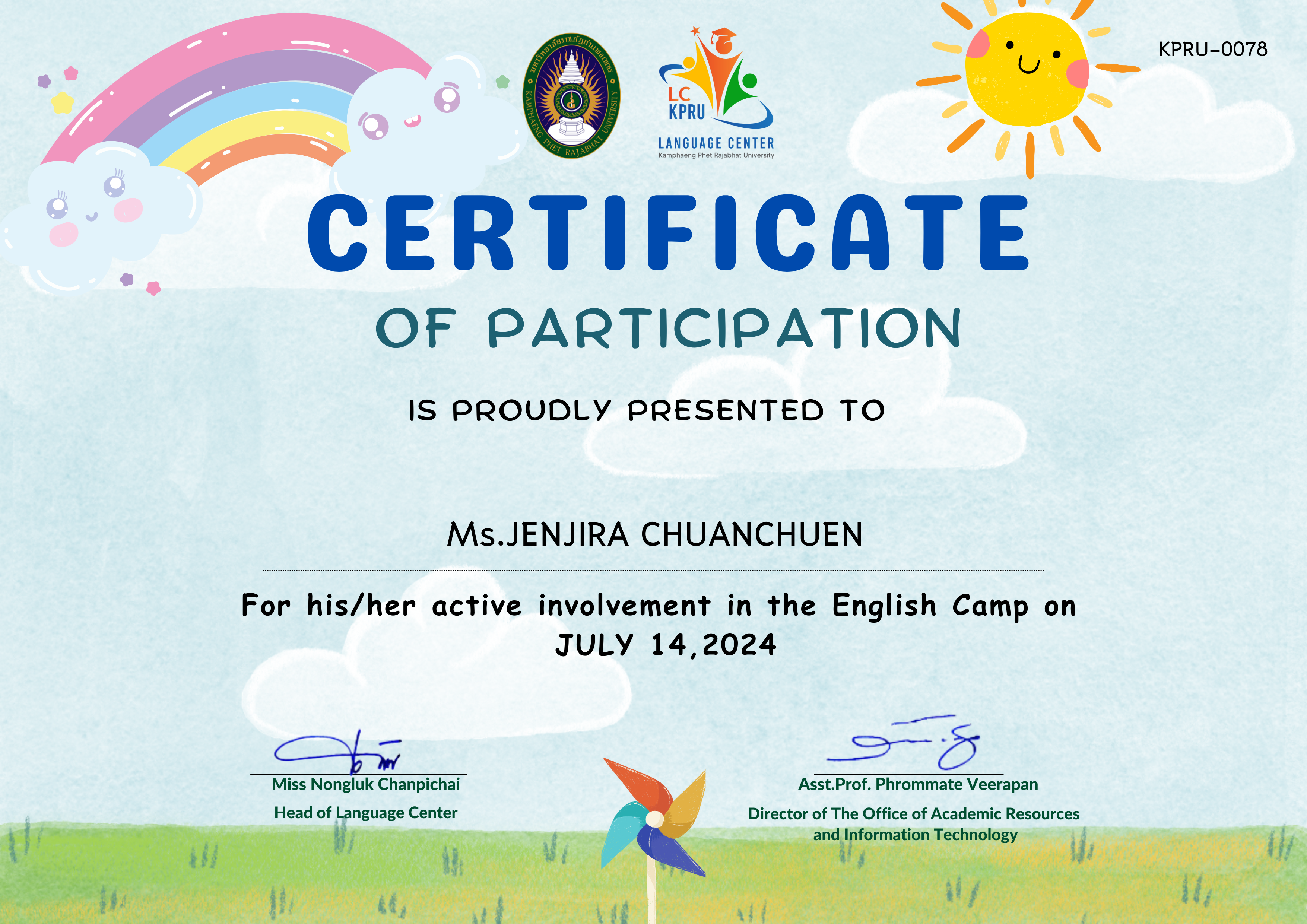 เกียรติบัตร กิจกรรมค่ายภาษาอังกฤษ14-7-67 ของ Ms.JENJIRA CHUANCHUEN